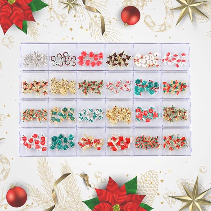 Christmas Nail Charms - 24 Styles/Box Metal Nail Studs, Rhinestones, Crystal, Glitter, Snowflake, Santa, Reindeer DIY Decorations