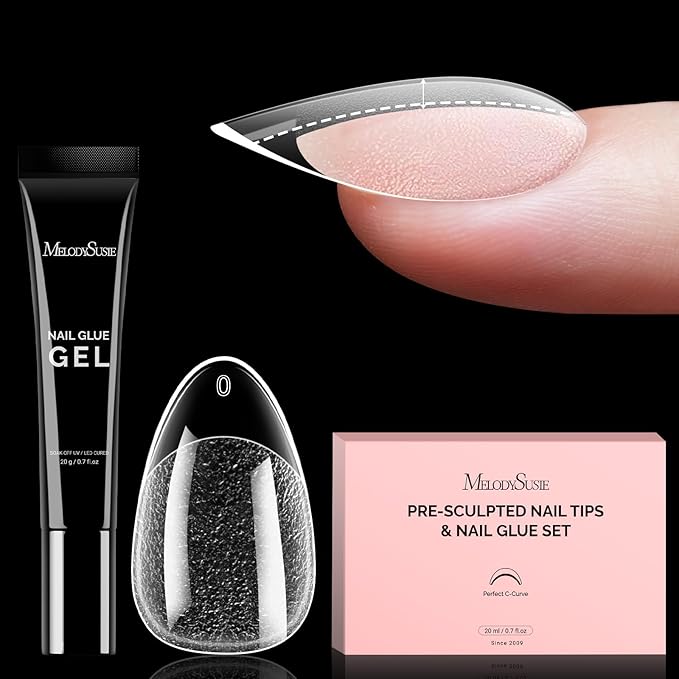 MelodySusie Short Almond Gel Nail Tips Kit-300Pcs Pre-Building Apex Fake Nail Tips 20g Solid Nail Glue Gel,Half Matte Full Cover Clear Acrylic Nail,15Sizes Thick Strong Long Lasting for Home DIY&Salon