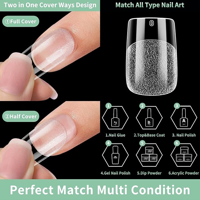 Short Square Nail Tips - 15 Sizes 330PCS Soft Gel Fake Nails, Half Matte Full Cover Pre-Shaped Clear Press On Acrylic Nails No C Curve for Extension, DIY Home Manicure for Women