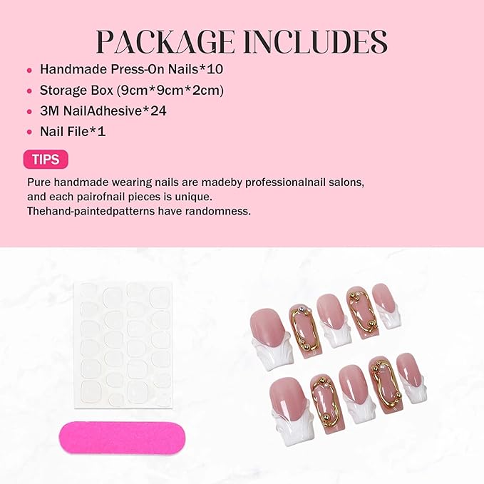 Handmade Press on Nails Medium Square Fake Nails White French Tip Nails Press Ons with 3D Swirl Design Reusable False Nails Luxury Full Cover Stick on Nail for Women Manicure 10Pcs (Size M)
