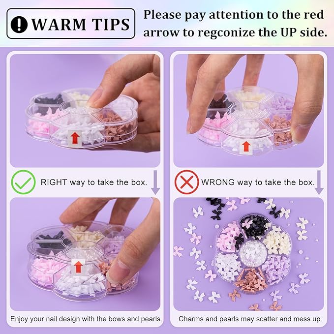 120 Pcs 3D Bow Charms + 2-4mm Nail Pearls - Pink White Lilac Bows & White Flatback Pearls with Glue Gel (UV Needed) & Pickup Tools