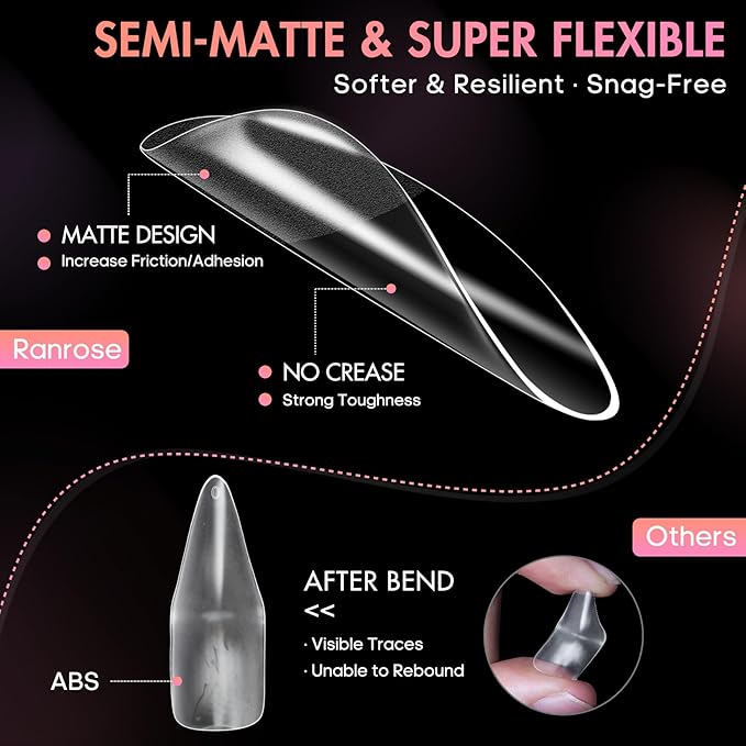 Ranrose Long Almond Nail Tips: 240pcs Nail Tips Full Cover False Nail 12 Sizes Half Matte Pre-shape Acrylic Almond Shaped Press On Nail Tips DIY Nail Salon