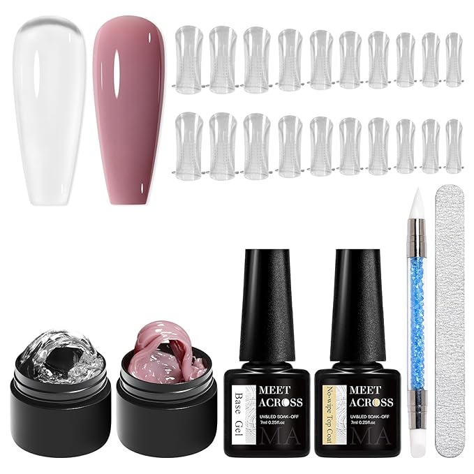 MEET ACROSS All-in-One Extension Mini Kit 2×7ml Non-Sticky Builder Gel Starter Kit WIth Base & Top Coat/Dual-Silicone Pen/Pro File/20-Pc Reusable Dual Forms Salon-Grade Extensions (Clear+Nude)