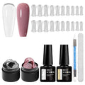 MEET ACROSS All-in-One Extension Mini Kit 2×7ml Non-Sticky Builder Gel Starter Kit WIth Base & Top Coat/Dual-Silicone Pen/Pro File/20-Pc Reusable Dual Forms Salon-Grade Extensions (Clear+Nude)