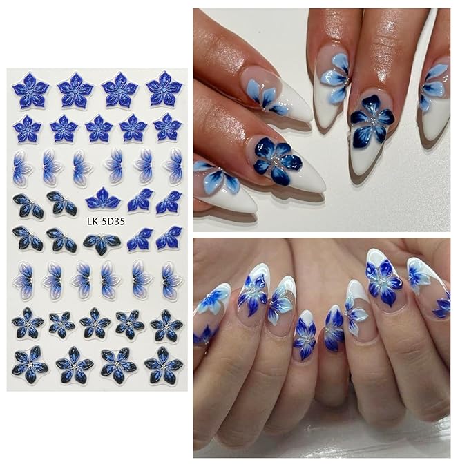 Flower Nail Art Stickers 5D Embossed Flower Nail Decals Spring Summer Blue Flowers Nails Design 3D Self-Adhesive Accessories for Women Nails DIY Decoration(5 Sheets)