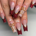 Long Press on Nails Square Fake Nails with Red Glitter French Tip Gold Line Bow Designs Nude Full Cover Glue on Nails Press ons Glossy Acrylic Stick on Nails for Women 24 Pcs