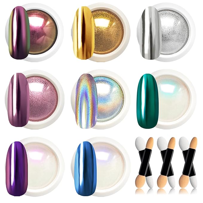 Beetles Chrome Nail Powder 8 Colors Mirror Effect Gold Silver Holographic Aurora Iridescent Pearl Manicure Nail Art Decoration Glitter Crome Nail Powder for Nails 1g/Jar Gift for Women