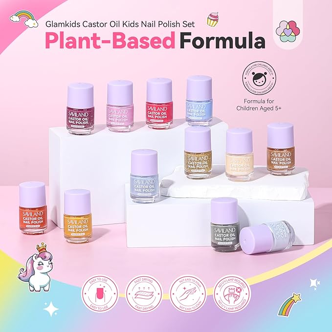 SAVILAND Glamkids Kids Nail Polish Quick-Dry:Non-Toxic Nail Polish Set 12 Colors Water Based Peel-Off Toddler Fingernail Polish Natural Safe Castor Oil Nail Lacquer Kit with Sticker for Girl Ages 5-12