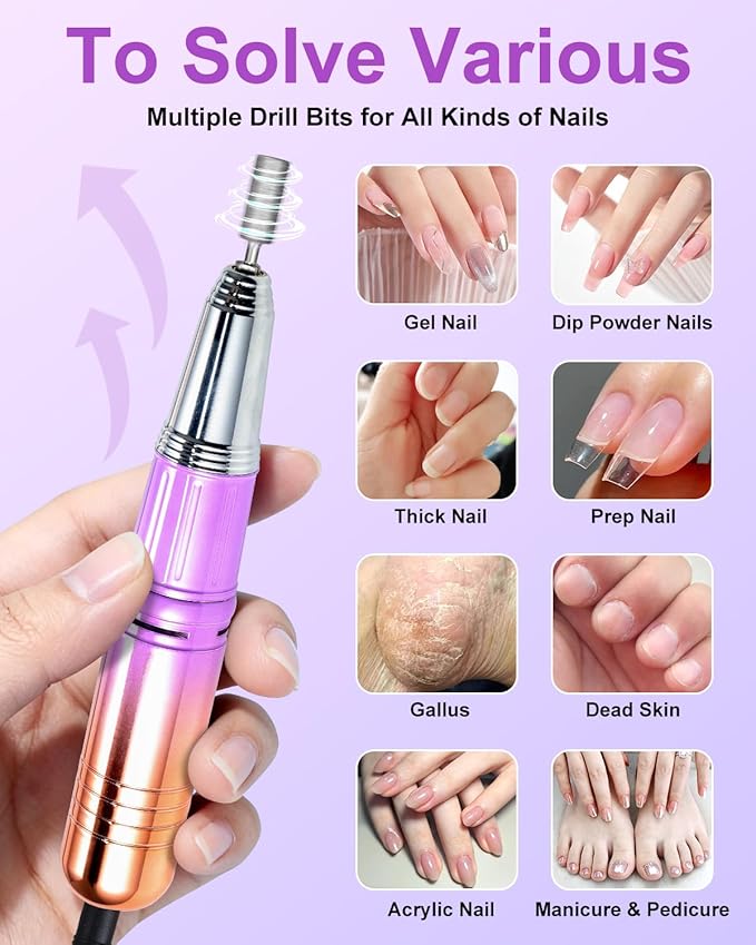 Professional Electric Nail Drill Kits 45000RPM Gradient Purple Portable Cordless 3-in-1 Nail File Machine with Rechargeable Stand and Nail Lamp for Acrylic Gel Polish Removing Home & Salon Use