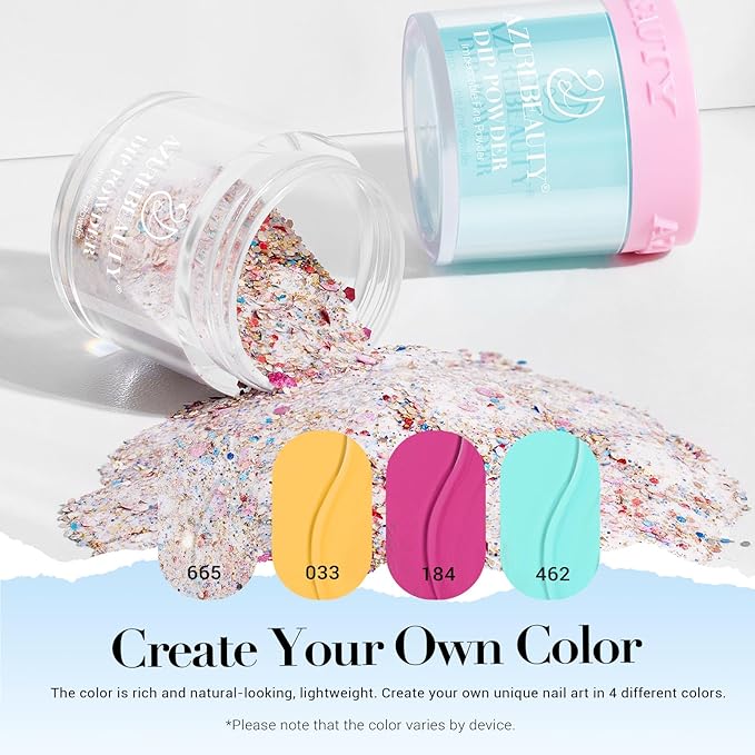 AZUREBEAUTY Dip Powder Nail Kit Starter, 4 Colors Pink Yellow Blue Glitter Dipping Powder Liquid Set Recycling Tray with Base & Top Coat Activator for French Fingernail Art Manicure Salon DIY at Home