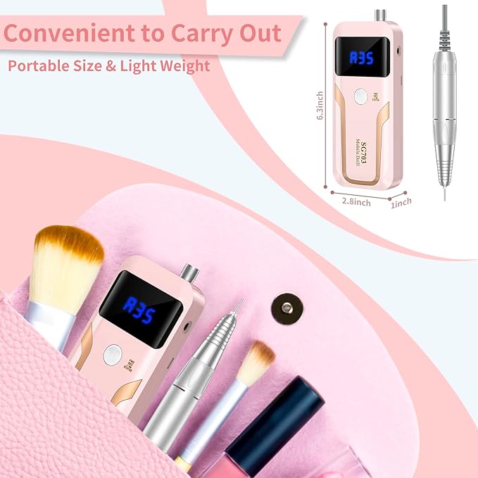 Portable Nail Drill Professional 35000 RPM, Rechargeable Electric Nail File Machine Cordless E-File for Acrylic Gel Polishing Removing with Bits Kit for Manicure Salon Home, Pink