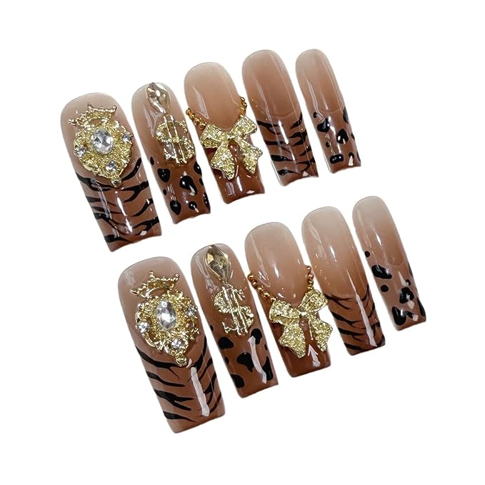 Handmade Press on Nails Long,Xl Square Fake Nails French Tip Leopard False Nails with Glue Charms Bow Design Acrylic Nails Press Ons Sparkly Full Cover Stick on Nail fo Women 10Pcs(Size M)