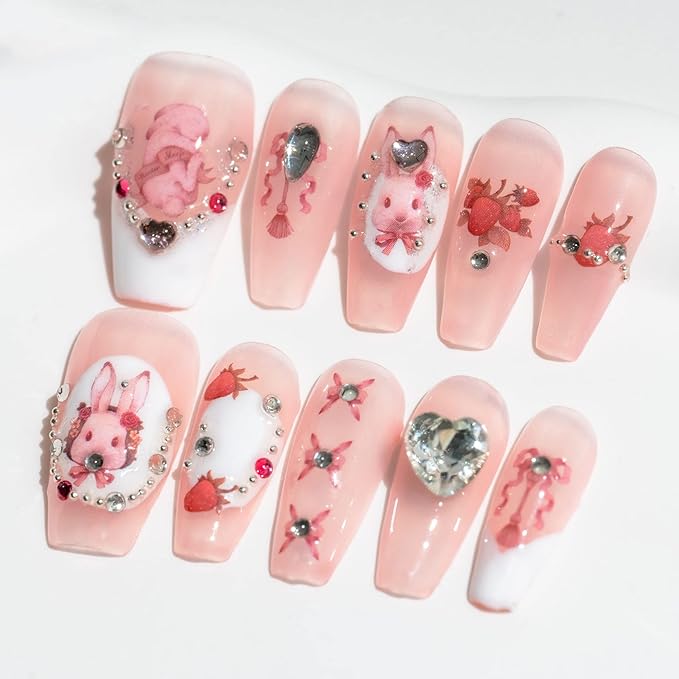 Sun&Beam Nails Handmade Long Coffin Ballerina Pink False Nail Tips with Cute 3D Diamond Popular Charm Design Press On Nails 10 Pcs (#72 L)