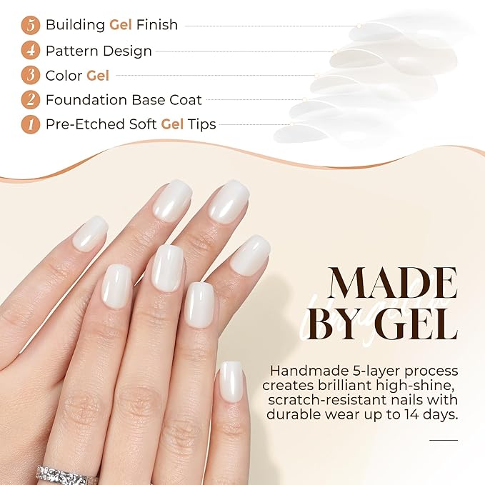 UNA GELLA Press On Nails Short: Chrome White Soft Gel Press Ons Kit with Nail Tips Glue on Nails, 16 Sizes - 32 Reusable Chrome Holographic Fake Nails Kit, Nude White