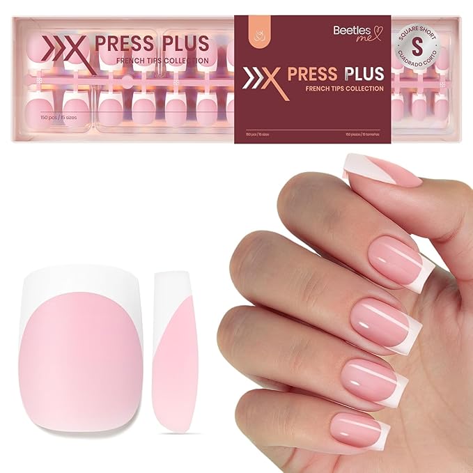 Beetles Pre-French Tips Gel Nail Tips - Pink Short Square Press On Nails,15 Sizes 150 Pcs 4 in 1 Nails Tip