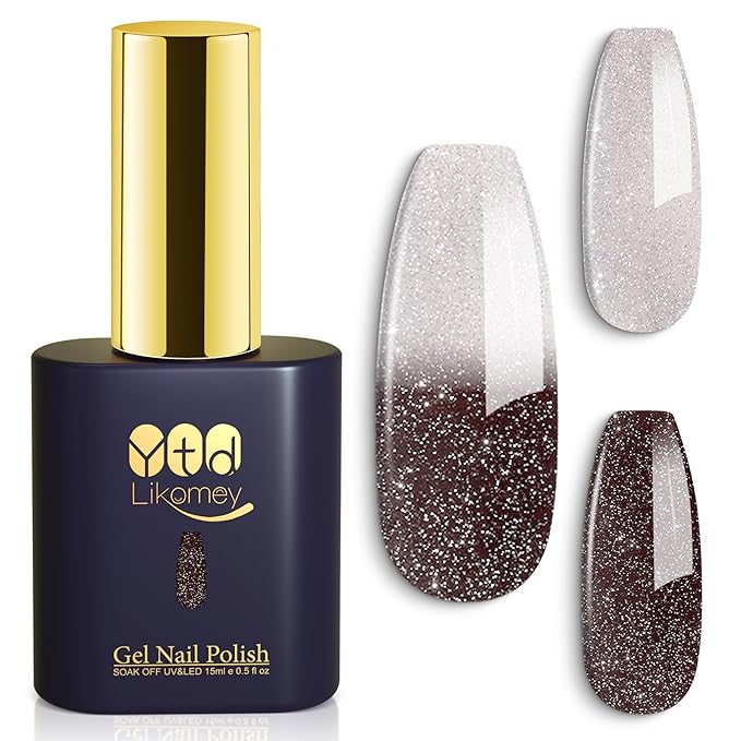 YTD Likomey Color Changing Gel Nail Polish,15ml Reflective Glitter Grey to Black Mood Temperature Change Colors Thermal Ombre Fall Winter Flash Sparkle UV Nail Varnish,HEMA Free TPO Free,WB509
