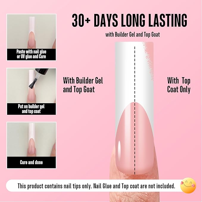 NOVO OVO XXL Sharp Square Nail Tips Pre-Designed White French Tip - 150Pcs Soft Gel Nail Tips Baby Pink Base, Full Cover False Nails 15 Sizes for DIY Acrylic Extension & Salon Supply (No C Curve Fit)