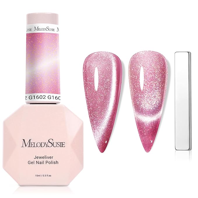 MelodySusie Starry Cat Eye Gel Nail Polish, 0.5 Fl Oz Pink Glitter Holographic Magnetic Nail Polish with Magnet, UV Nail Polish for Nail Art Manicure Salon DIY at Home G1602