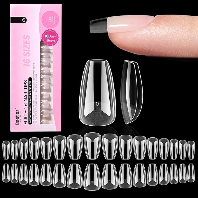 Beetles Gel Nail Tips Flat-X - Coffin Short, 160pcs 16 Sizes, Pre-Etched Half Matte Full Cover Soft Acrylic False Nail Tips Clear Press on Easy DIY Extension Salon for Flat & Natural Nail Beds