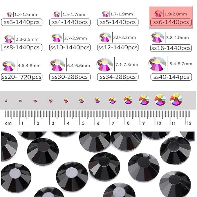 Dowarm 1440Pieces SS6 Flatback Rhinestones, 2MM Flatback Crystal Rhinestones for Craft Nails Dance Costumes, Non Hotfix Rhinestones, Jet Black