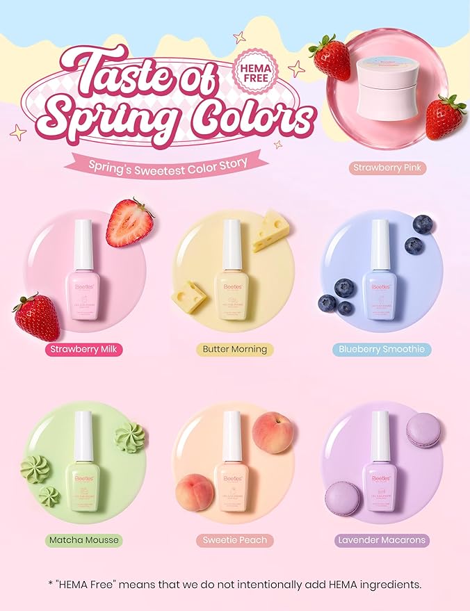 Beetles Taste of Spring Gel Nail Polish Gift Box, 6 Colors Pastel Gel Polish Set with Base Top Coats Mini UV Lamp Press On Nails Tools, Complete DIY Manicure Set for Home Salon
