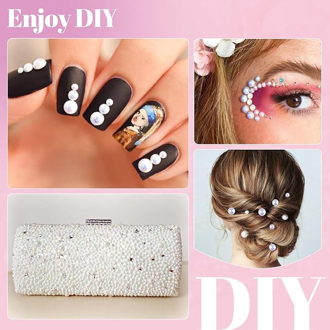 Flatback Pearls for Crafting with 3Pcs 10ml B7000 Jewelry Glue, 2 Boxes of Half Round White AB Pearls, Bedazzling Beads for DIY Crafts Clothing Tumblers Shoes Embellishment Nail Art