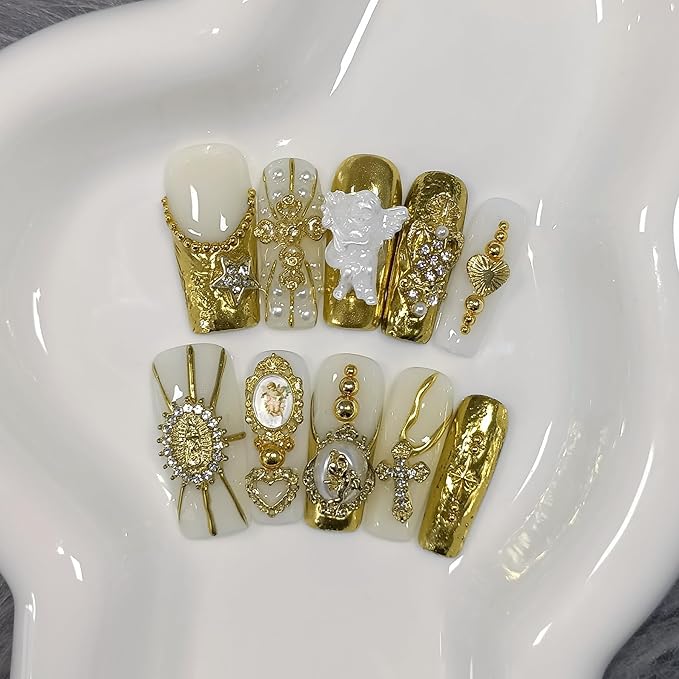 Baroque Press on Nails Long Coffin 3D Embossed Pearl Cross Charm Luxury False Nails for Women Gold Glam Royal Cathedral Style Glue on Nails for Parties Holiday Events(L)