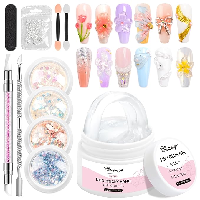 Solid Builder Nail Gel BISHENGYF: 1.05 OZ Non-Sticky Hand Sculpting Clear 3D Gel Nail Art Building with Nail Glitter for Nail DIY Decoration