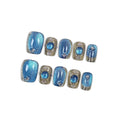 Short Square Press On Nails,Baroque Style Blue Cat Eye Mirror Powder Sparkling Ice Design Fake Nails 10PCS with Tools Kits,Hand-Painted Gold Luxury False Nails for Elegant Daily Wear(XS)