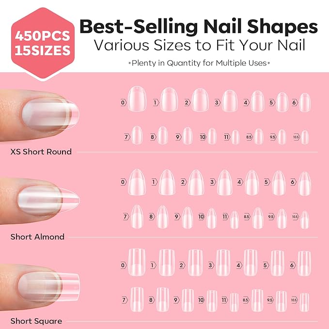 Modelones Short Almond & Square & Round Nail Tips - Multi-type 3 Styles Set Gel Tips Half Matte Full Cover Clear Acrylic Gel Kit Fake Nails for Extension DIY Salon 450Pcs 15Sizes