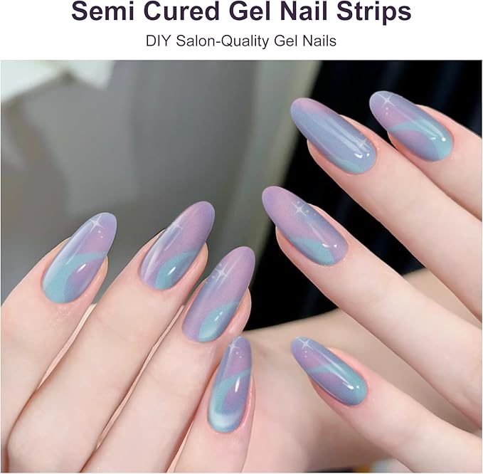 Semi Cured Gel Nail Strips,28 PCS Gel Nail Stickers Nails Wraps for Women (Colorful Aurora),Long Lasting Stickers with UV Light Required,Easy to Apply