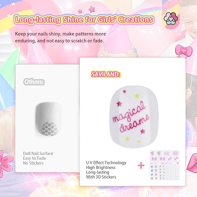 SAVILAND Creative Press on Nails for Kids: 6 Pack Children Fake Nails with 3D Stickers for 8-12 Years Girls Gifts Pre-Glue Full Cover Short Acrylic Nails Artificial False Nail Tips Nail Art Decoration