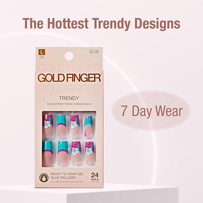 GoldFinger 24 Pcs Press On Nails, Long Square Fake Nails, Flower French Tip Gel Stick On Extensions, Reusable Full Cover False Nail Kit with Glue, Manicure Stick & File, 7 Day Long Lasting Wear