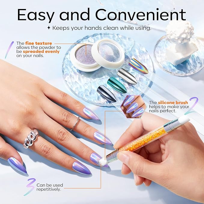 modelones Chrome Nail Powder 4 pcs, White Pearl Nail Chrome Powder, Iridescent Aurora Glitter Mermaid Silver Metallic Mirror Holographic Effect Pearlescent Pigment Dust Kit Resin Craft