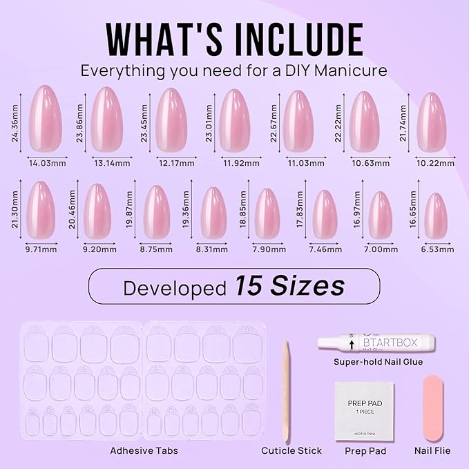 BTArtbox Press On Nails Almond - Soft Gel Press on Nails Pink Chrome Nails, Light Weight & Fit Perfectly, Natural Fake Nail with Nail Glue, Medium Glue On Nails in 15 Sizes - 30 Nail Kit, Lotus Glazed