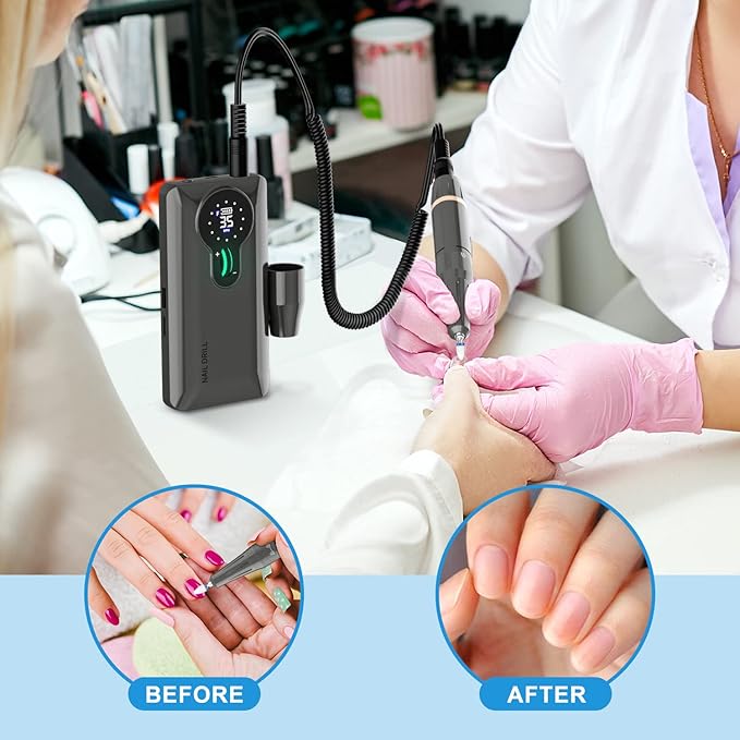 ENGERWALL Upgraded Professional Nail Drill 35000RPM, 20H Long Battery Life Rechargeable Electric Nail File for Acrylic Gel Nails, Cordless E-File Kit with 7 Bits & 56 Sanding Bands, Dark Silver (Pro)
