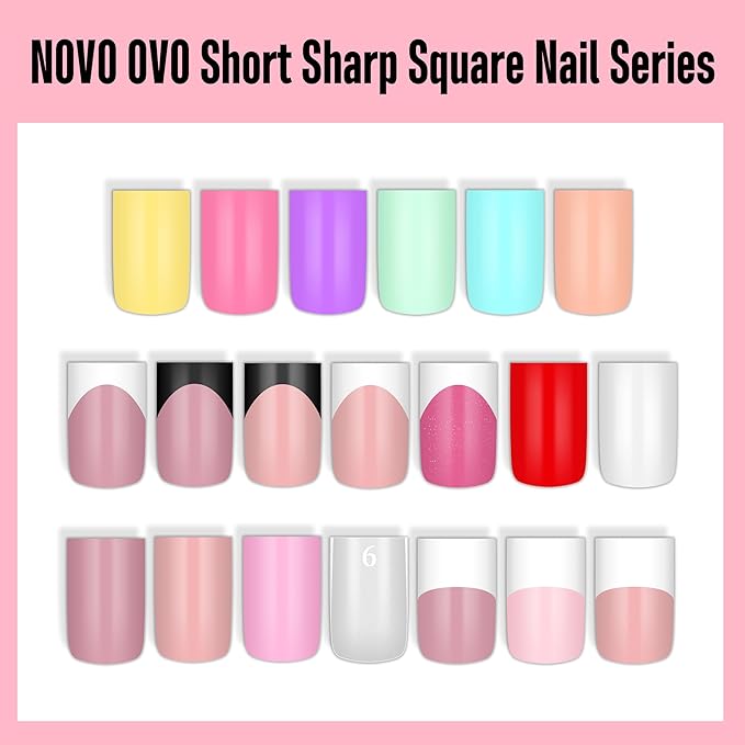 NOVO OVO Short Sharp Square Nail Tips Press on Pure Color White, Need Builder Gel Top Coat Nail Glue, Soft Gel Matte Fake Nail Extension, Full Cover False Nails for Salon DIY x 15 Sizes 180 pcs