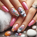 Easter Day Press on Nails Coffin Shape Fake Nails with Bunny & Flower Design Medium Length Rabbit Fake Nail Cute Easter Acrylic Nail Stick on Nails for Women Girl Nail Decorations 24 Pcs