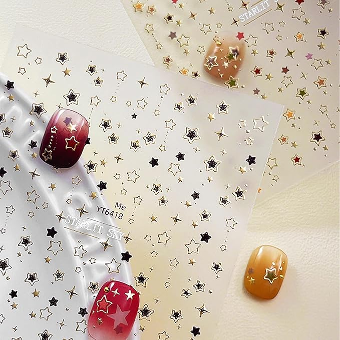 Star Nail Stickers for Nail Art 3D Glitter Cute Colorful Star Luxury Rhinestones Nail Design Stickers Starlight Nail Decals Nails Supply Manicure Sliders for Nails Decoration 4 Sheets