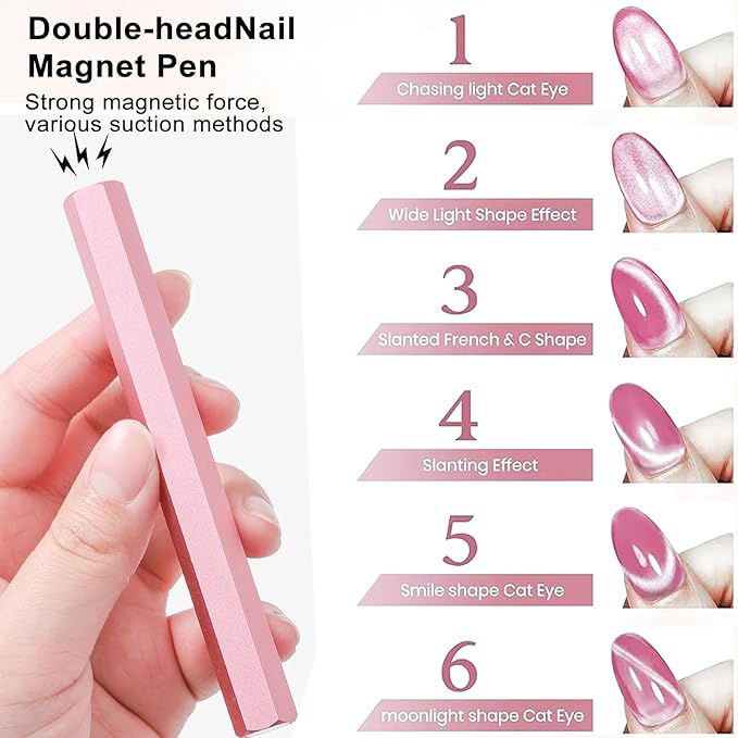 13pcs Pink Cateye Magnet for Nails Double-Ended Hexagon Nail Magnet Stick Flower Cat Eye Magnetic Pen 9 Stripe Nail Magnet Plates for Cat Eye Gel Nail Polish