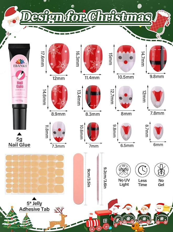 24Pcs Christmas Press on Nails, Fake Nails Full Cover Cute False Nails with Classic Christmas Designs Red Glossy Stick on Nails for Girls Kids with Nail Glue