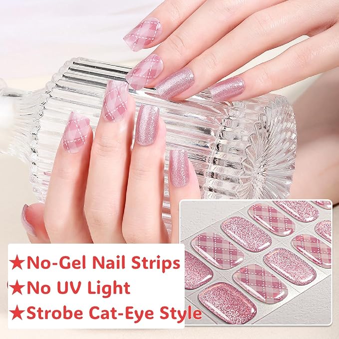 16pcs Gel Nail Strips - Nail Wraps Kit for Women Girls, No UV Light Needed, Natural Looking Manicure Full Cover Fake Nails Short Art Decor(Pink with Glitter)