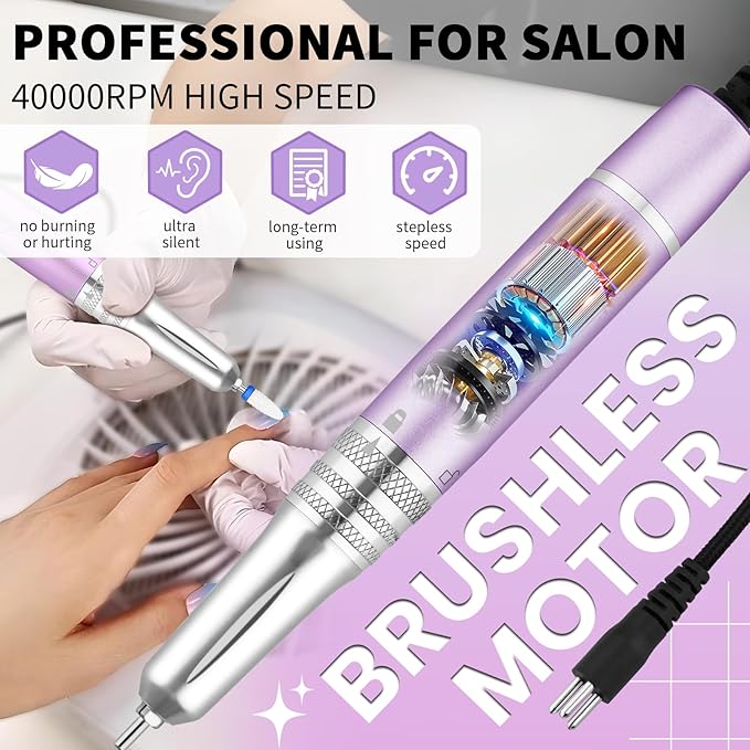 Kredioo Professional Nail Drill Brushless 40,000RPM Rechargeable 2-in-1 Portable Electric Nail File Ultra Silent Salon Must Haves Nail Tool Kit Removing Acylic Gels-Purple