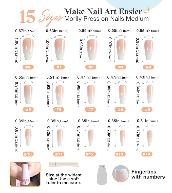 Morily Press on Nails - Pink Ombre Coffin Fake Nails Medium Length, French Tip Glossy False Stick on Fingernails for Women - 24Pcs in 12 Sizes