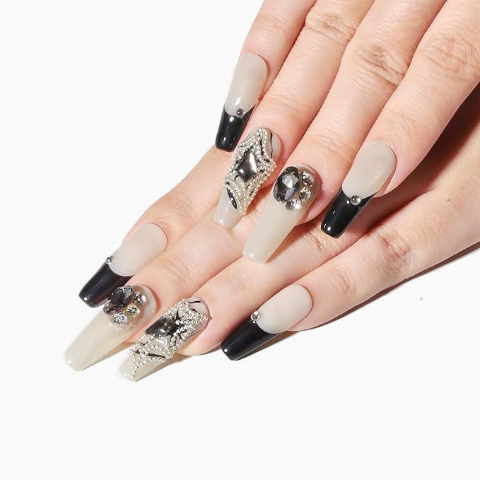 Sun&Beam Nails Handmade Press-on Long Coffin Ballerina Beige Black Halloween Spider Design False Nail Tips 10 Pcs (#133 M)