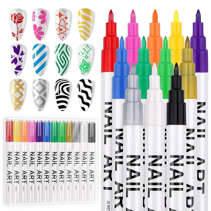 EBANKU 12 Colors Nail Art Pens Set, Nail Polish Pens Quick-Drying Nail Art Markers Acrylic Paint Nail Point Graffiti Dotting Liner Pen for DIY Nail Art Beauty Adorn Manicure Tools
