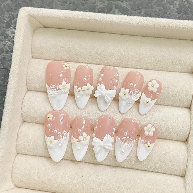 Handmade Press on Nails Flower Press on Nails White French False Nail Pearl and Bow Designs Short Almond Fake Nails Full Cover False Nails Acrylic Nails for Women Art Manicure (Size M)