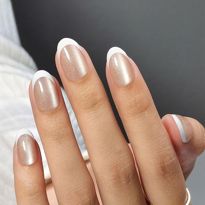30 Pcs Cats Eyes Soft Gel Press on Nails White French Tip Fake Nails Short Almond Shaped False Nails Glitter Designs Full Cover Acrylic Nails with Glue Thickened Stick on Nails for Women Nail Art