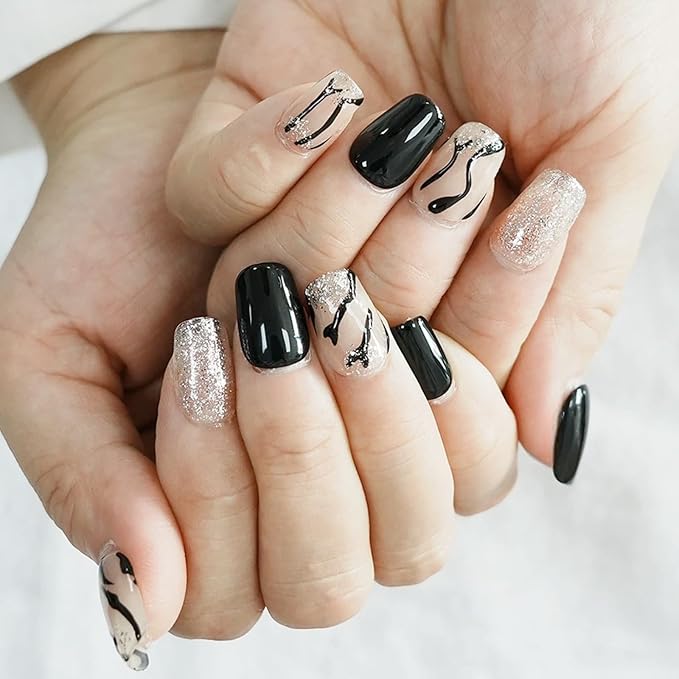 Marble Press on Nails, Handmade Short Coffin Black White 3D Glossy Acrylic Fake Nails Zebra Print with Silver Glitter Effects for Modern Art Nails (Zebra Stripe,L)