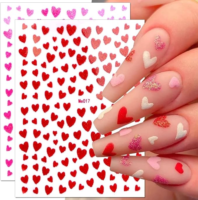 Heart Nail Art Stickers Decals 3D Shiny Glitter Love Hearts Self Adhesive Shining Glitters Powder Effect Valentine's Day Heart Nail Design for Lovers Romantic DIY Nail Decorations Manicure Accessories